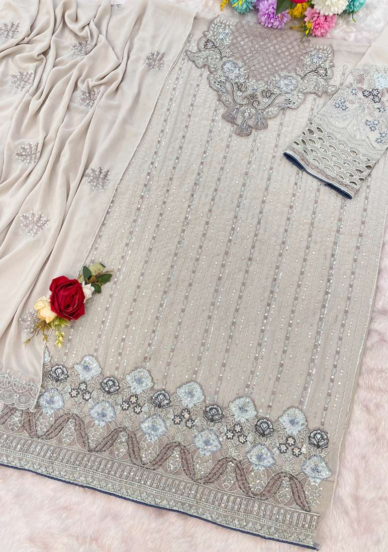 Beige Embroidered Georgette Pakistani Suit Set - Indya
