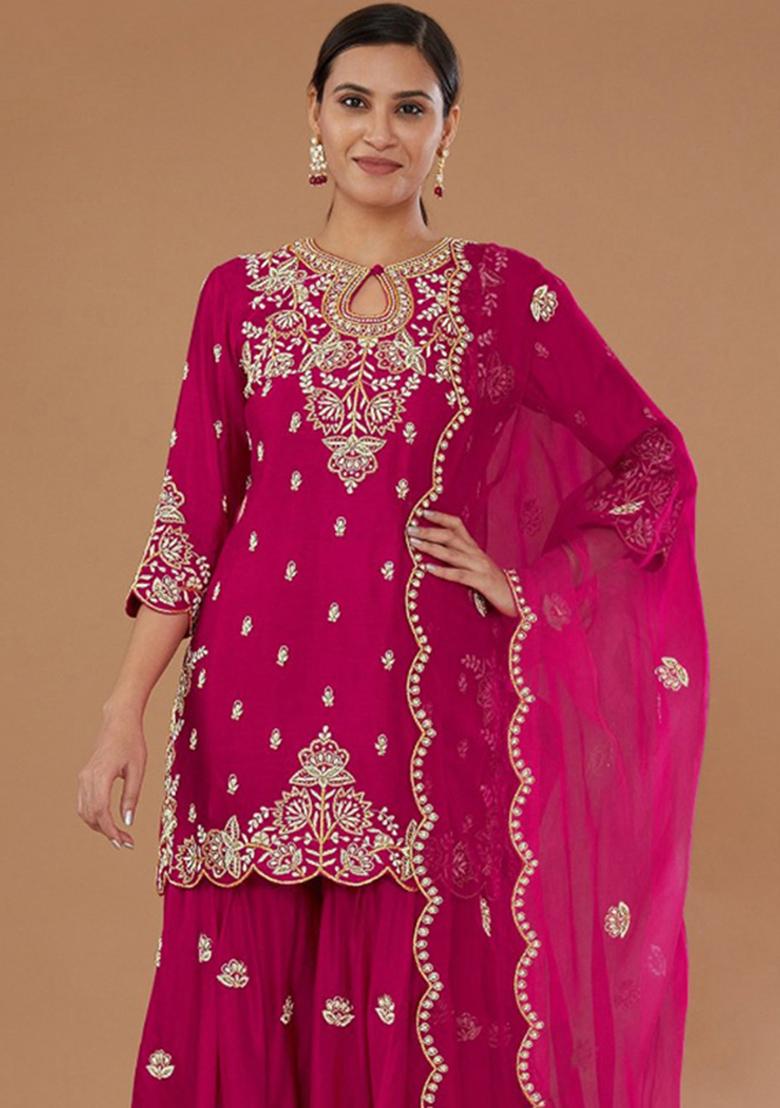 Magenta Embroidery Silk Salwar Suit - Indya