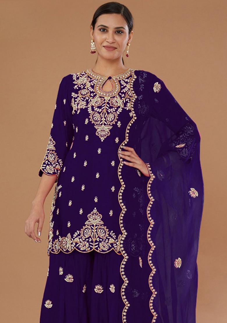 Purple Embroidery Silk Salwar Suit - Indya