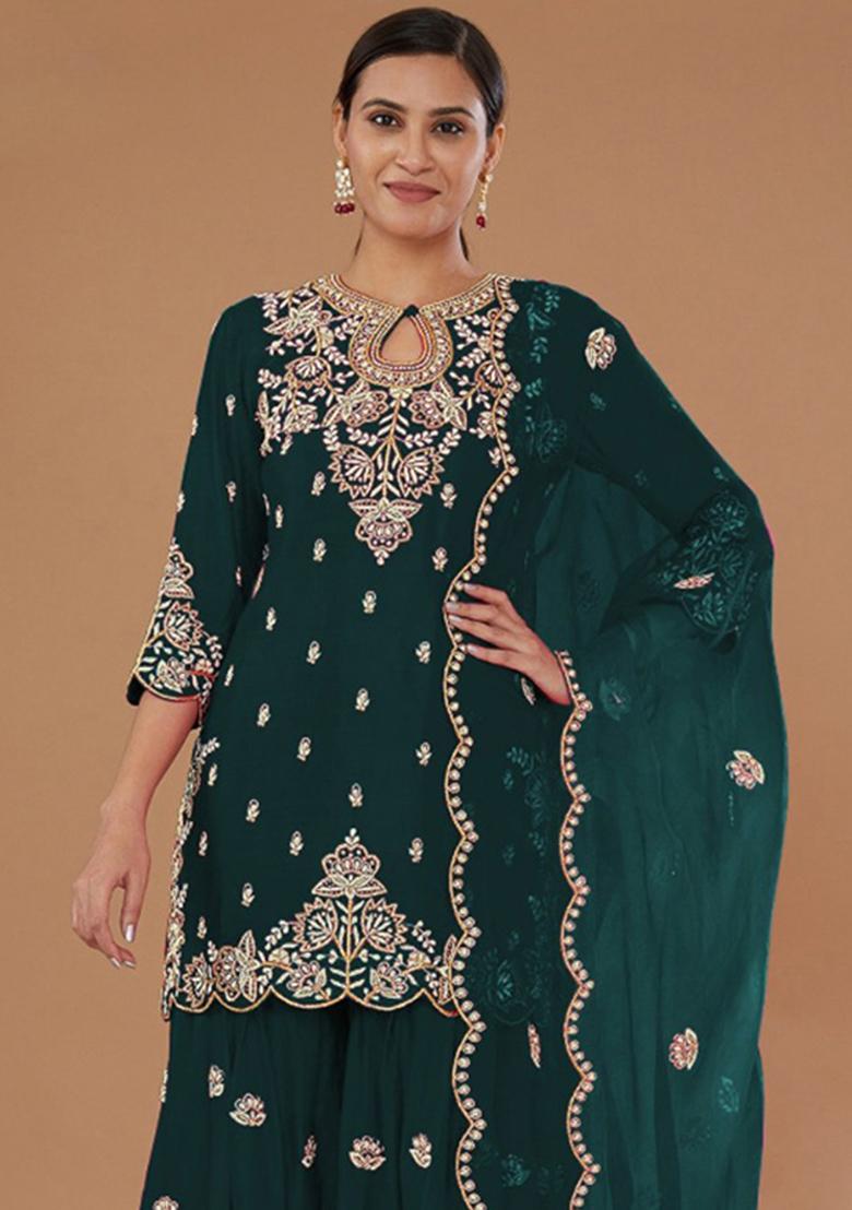 Green Embroidery Silk Salwar Suit - Indya