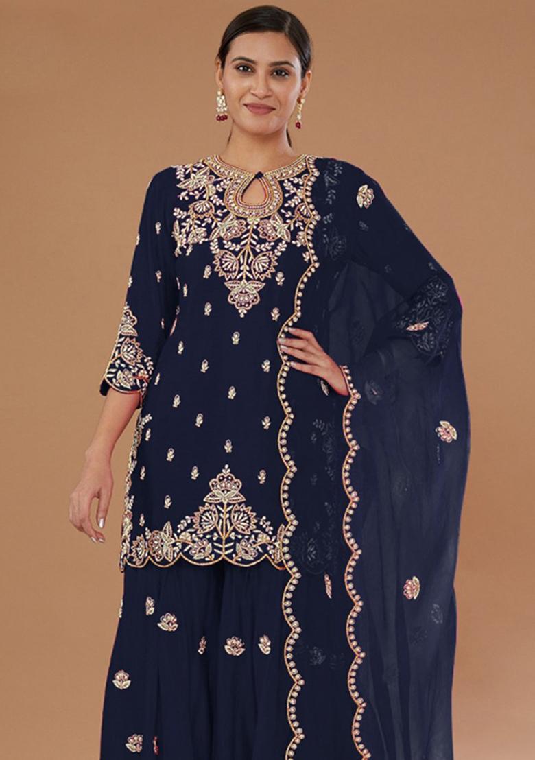 Teal Embroidery Silk Salwar Suit - Indya