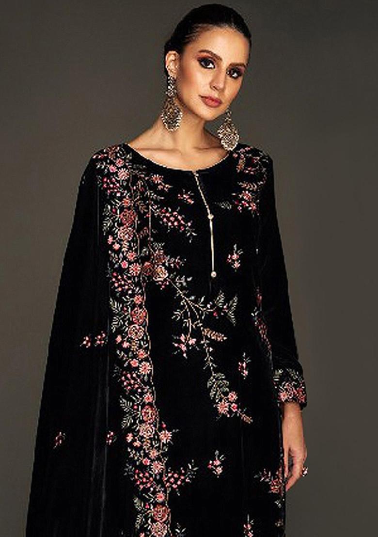 Black Embroidered Velvet Salwar Suit - Indya