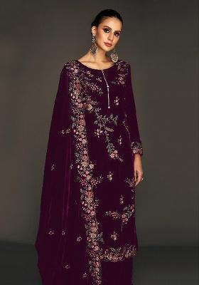 Purple Embroidered Velvet Salwar Suit
