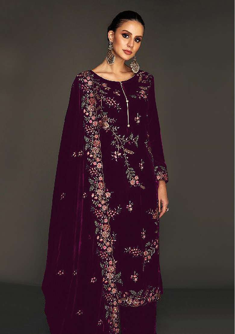 Purple Embroidered Velvet Pakistani Suit Set - Indya