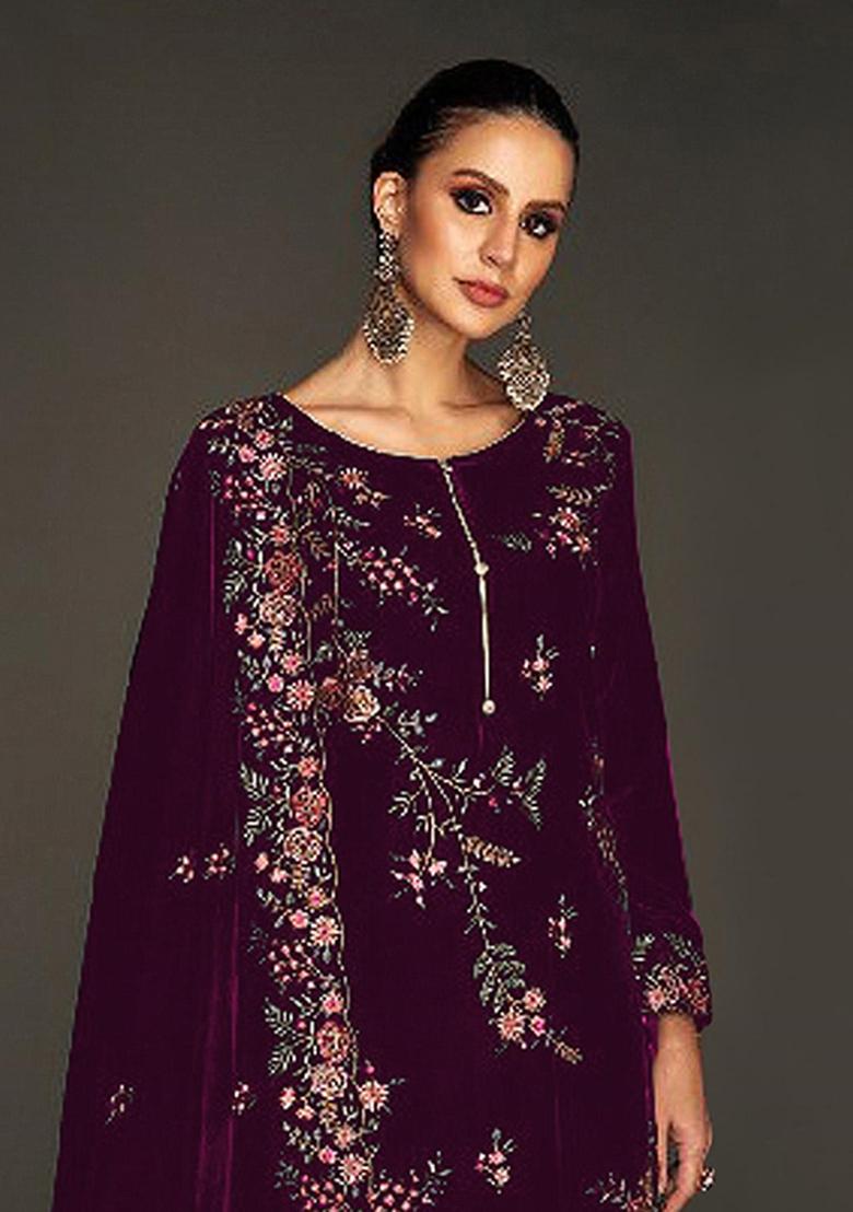 Purple Embroidered Velvet Salwar Suit - Indya