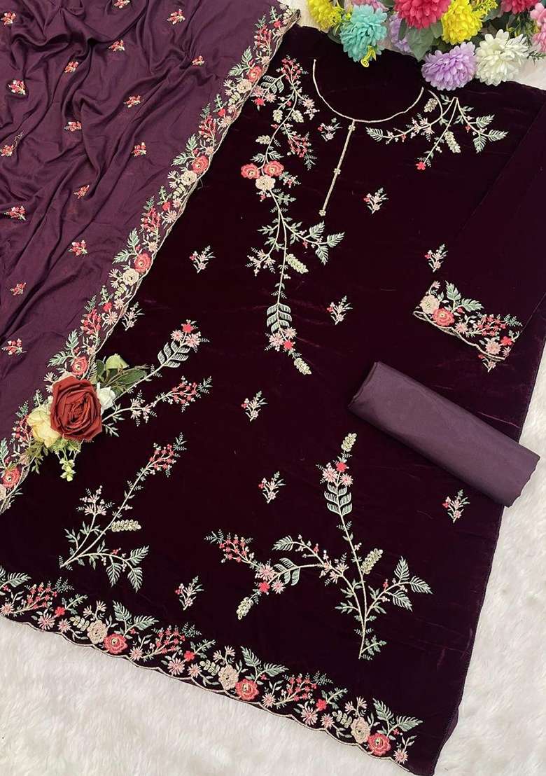 Purple Embroidered Velvet Pakistani Suit Set - Indya