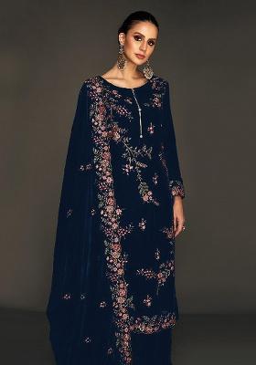 Navy Blue Embroidered Velvet Salwar Suit