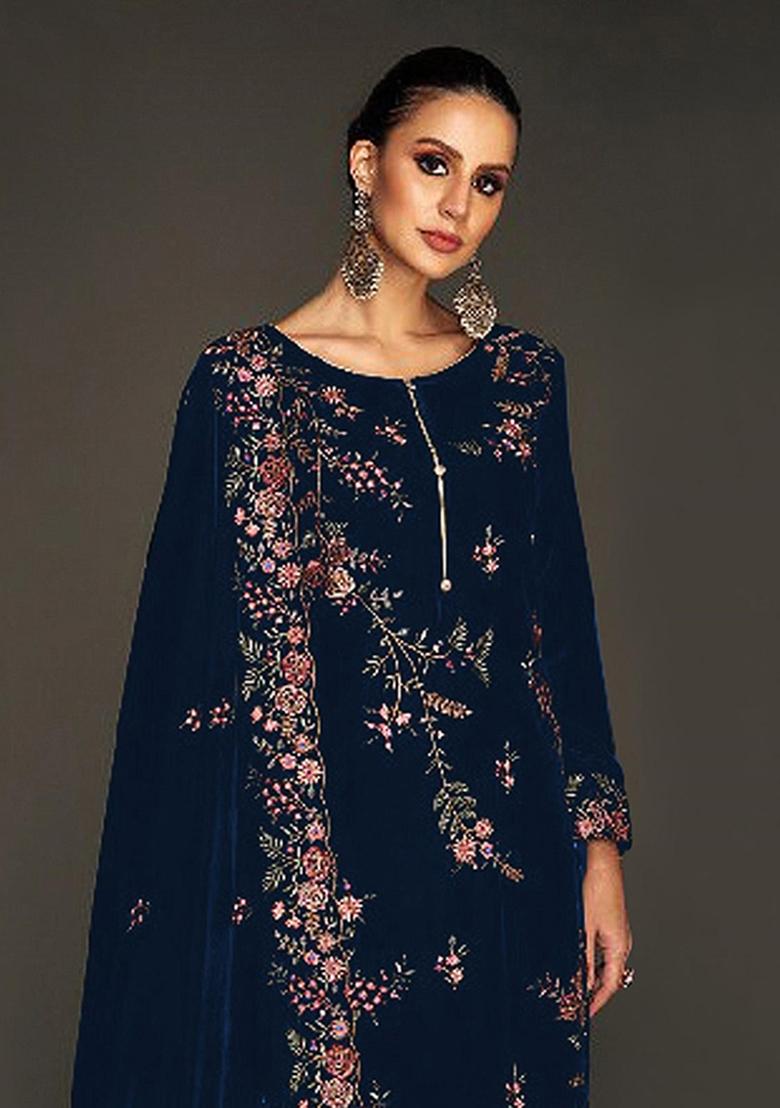 Navy Blue Embroidered Velvet Salwar Suit - Indya