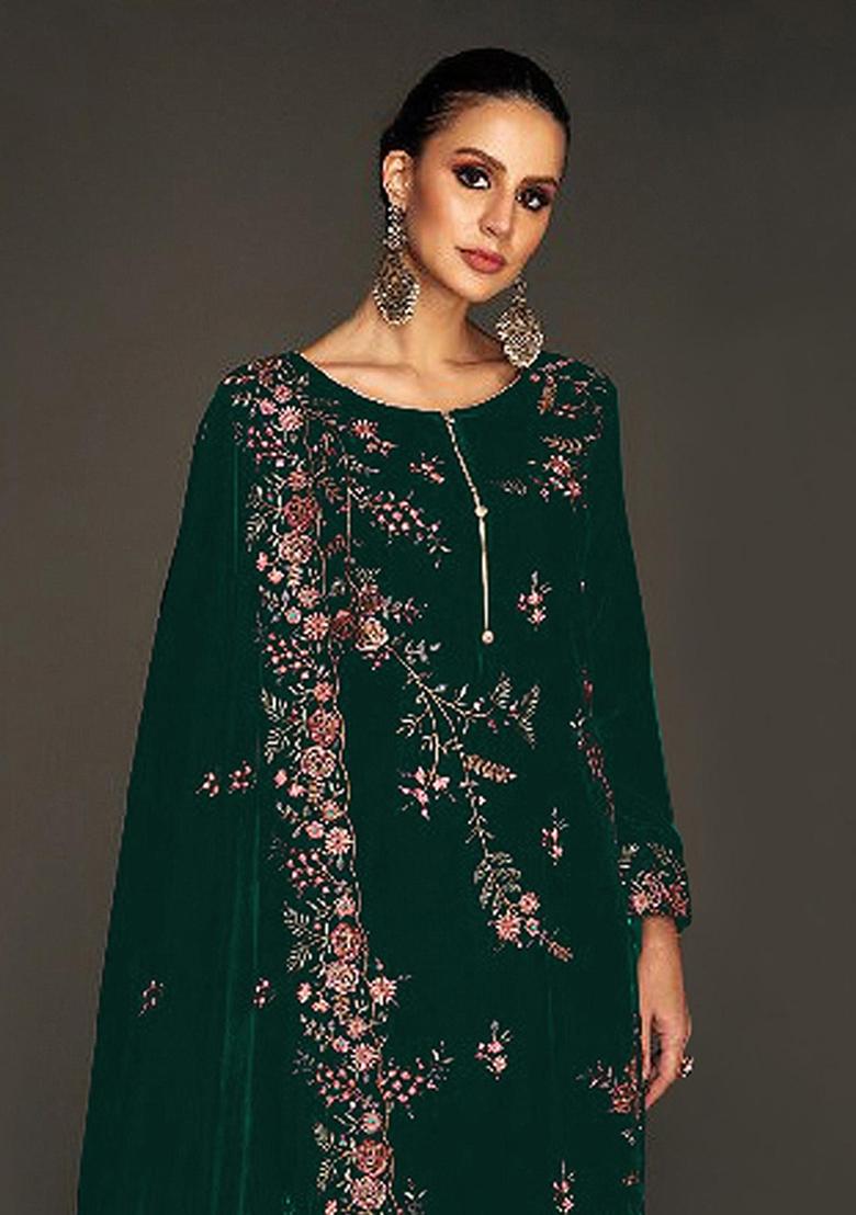 Green Embroidered Velvet Salwar Suit - Indya