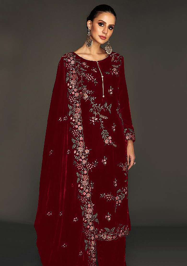 Maroon Embroidered Velvet Pakistani Suit Set - Indya