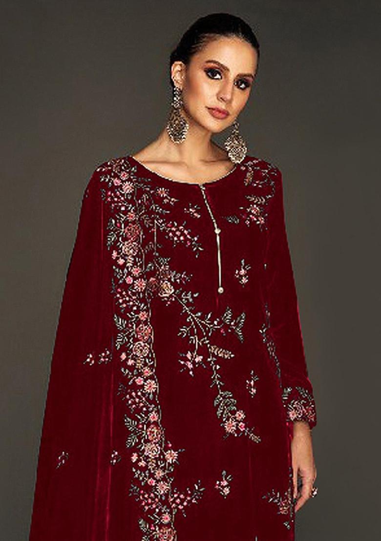 Maroon Embroidered Velvet Salwar Suit - Indya
