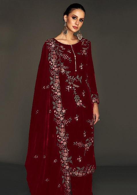 Maroon Embroidered Velvet Salwar Suit