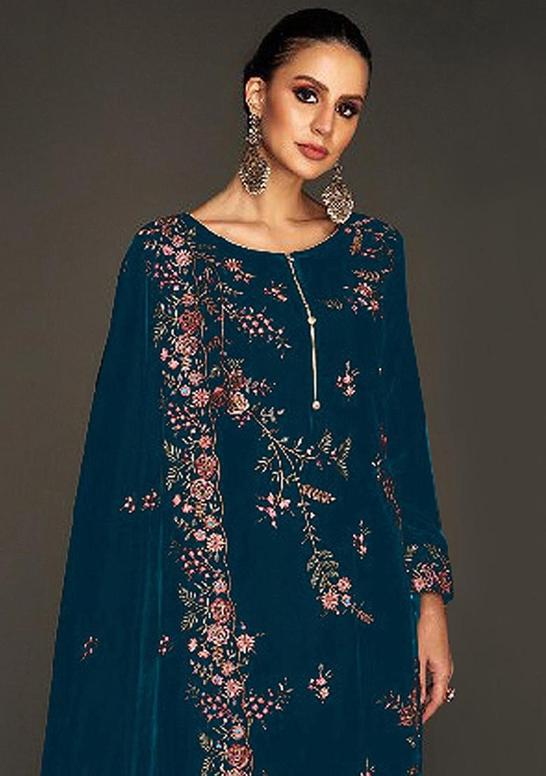 Teal Embroidered Velvet Salwar Suit - Indya