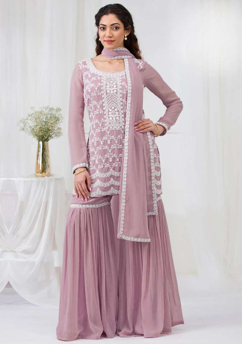 Baby Pink Embroidered Georgette Sharara Set - Indya