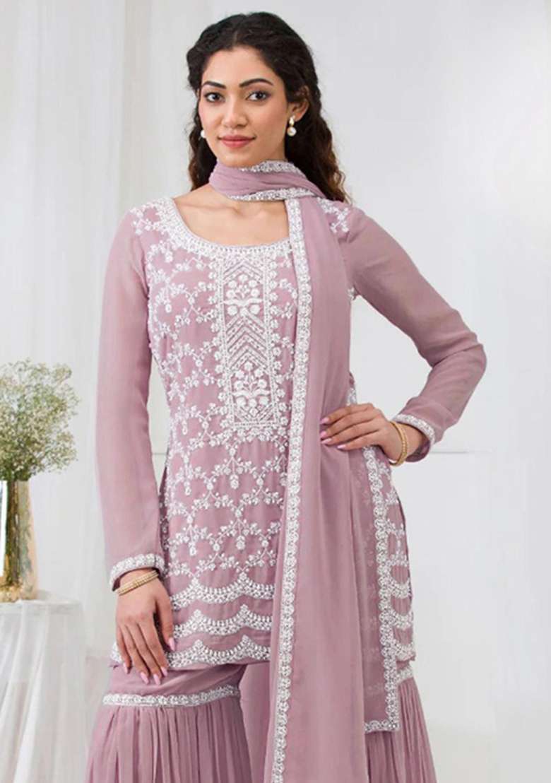 Baby Pink Embroidered Georgette Sharara Set - Indya
