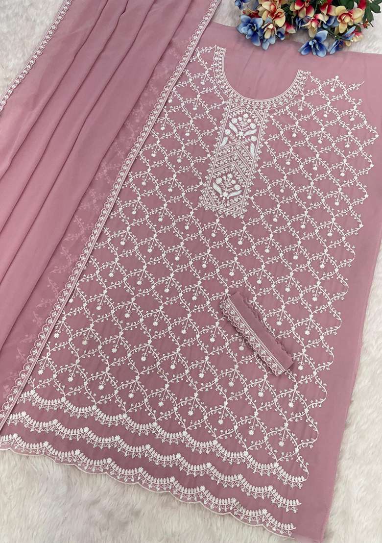 Baby Pink Embroidered Georgette Sharara Set - Indya