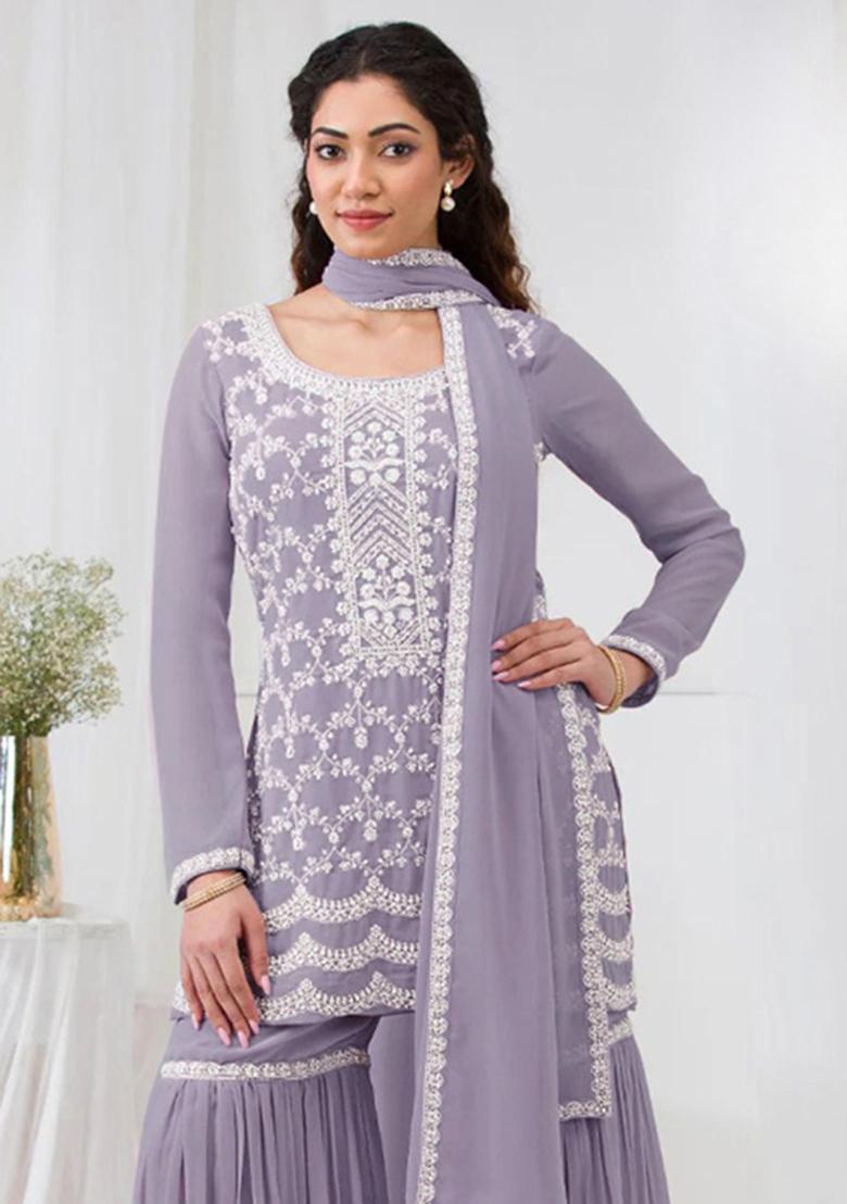 Lavender Embroidery Georgette Salwar Suit - Indya