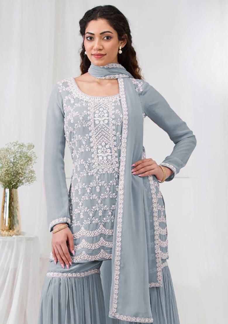 Sky Blue Embroidery Georgette Salwar Suit - Indya