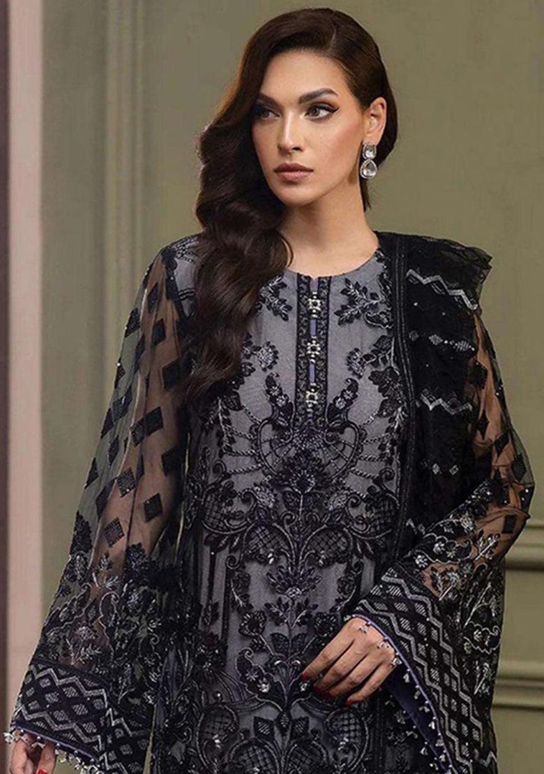 Mauve Embroidered Organza Salwar Suit - Indya