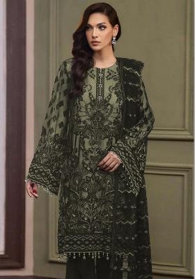 Olive Embroidered Organza Salwar Suit