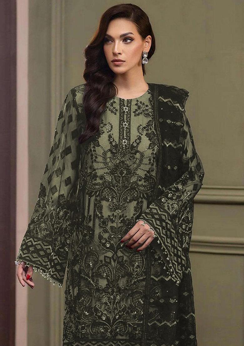 Olive Embroidered Organza Salwar Suit - Indya