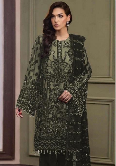 Olive Embroidered Organza Salwar Suit