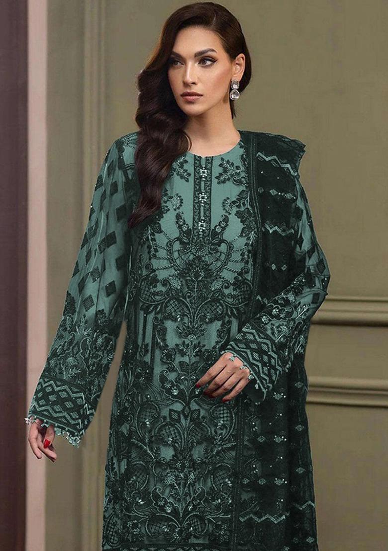 Teal Embroidered Organza Salwar Suit - Indya