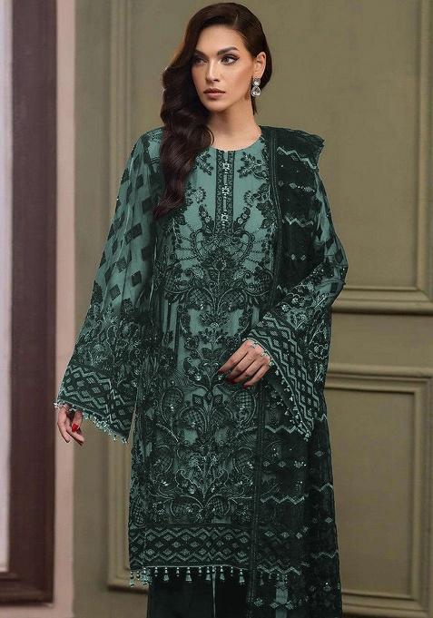 Teal Embroidered Organza Salwar Suit