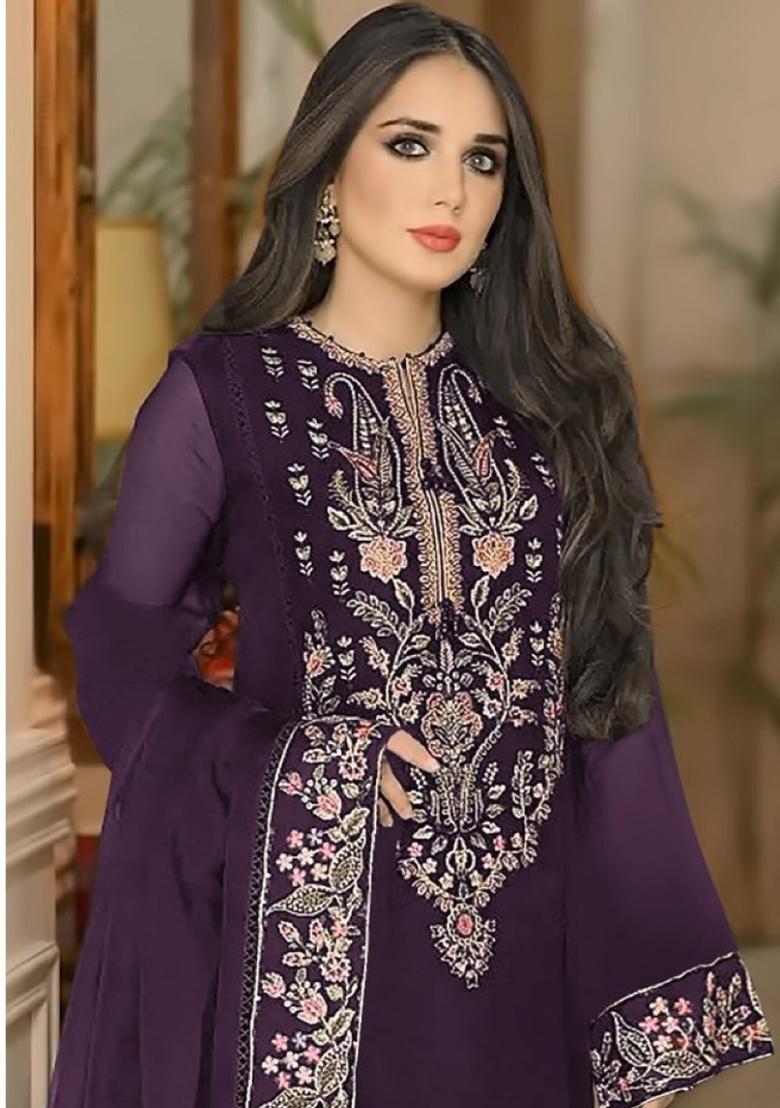 Dark Purple Embroidered Georgette Salwar Suit - Indya