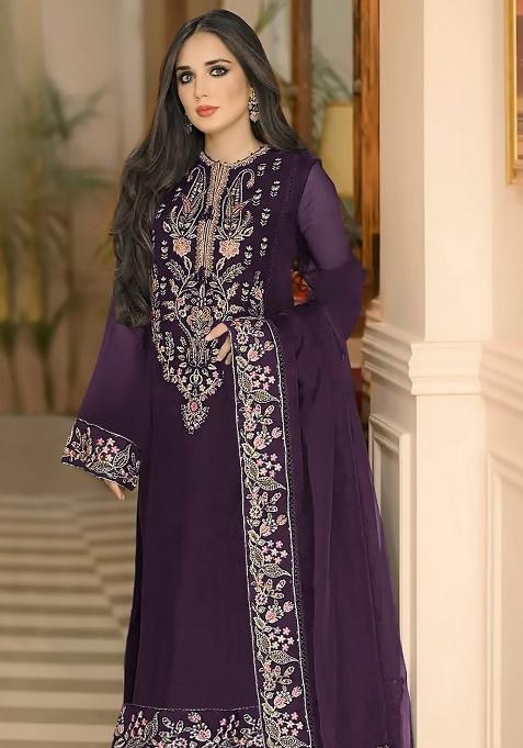 Dark Purple Embroidered Georgette Salwar Suit