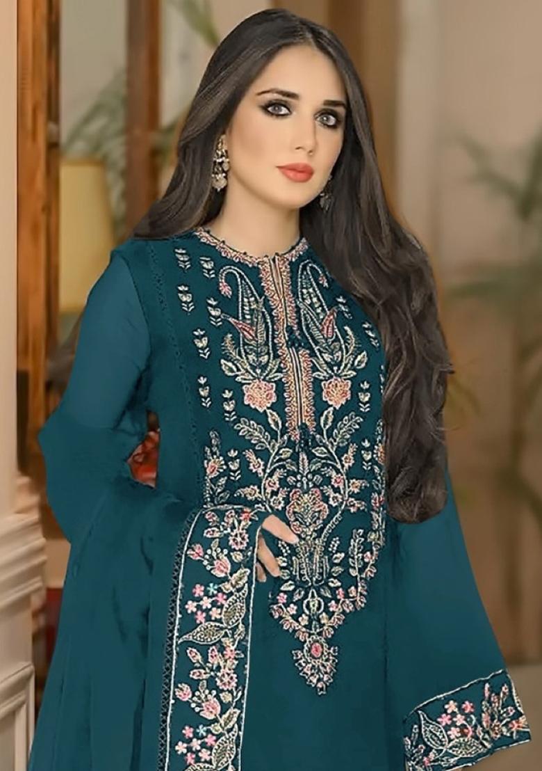Teal Green Embroidered Georgette Salwar Suit - Indya