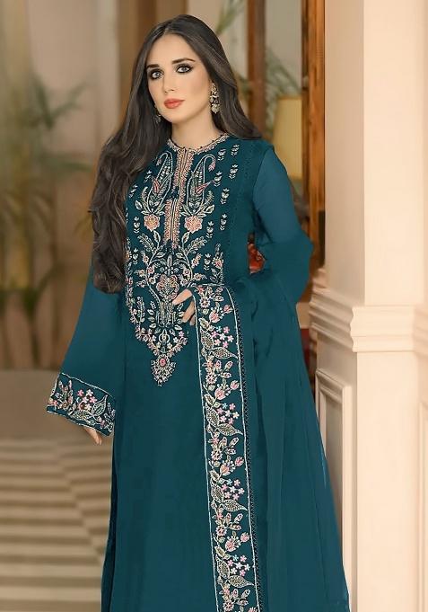 Teal Green Embroidered Georgette Salwar Suit