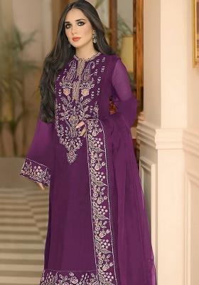 Wine Embroidered Georgette Salwar Suit