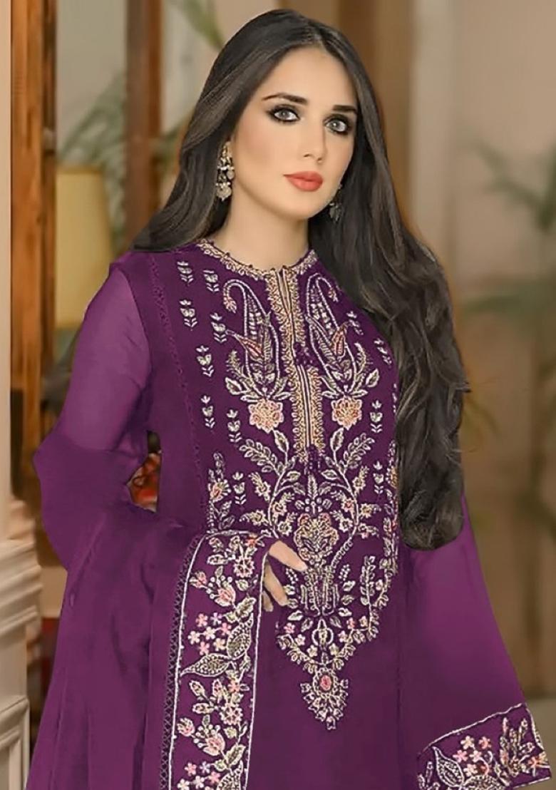 Wine Embroidered Georgette Salwar Suit - Indya