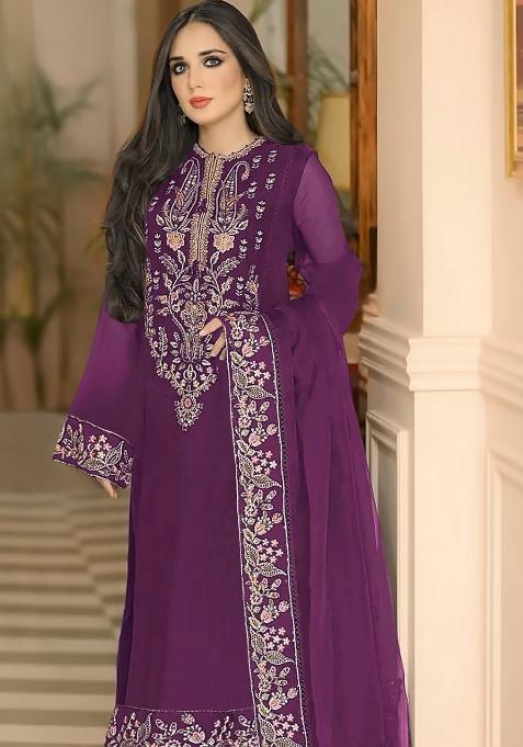 Wine Embroidered Georgette Salwar Suit