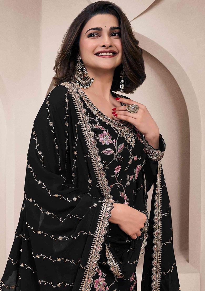 Black Embroidered Chiffon Salwar Suit - Indya