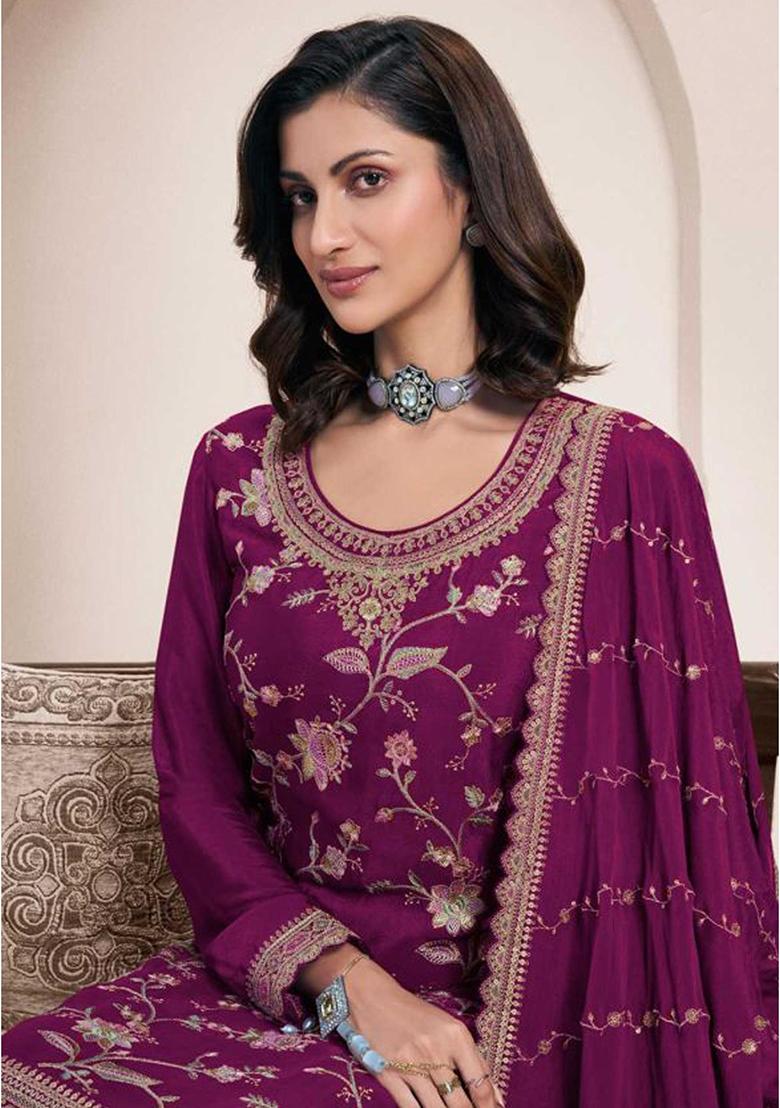 Wine Embroidered Chiffon Salwar Suit - Indya