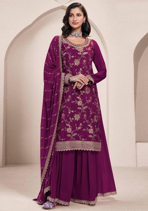Wine Embroidered Chiffon Salwar Suit