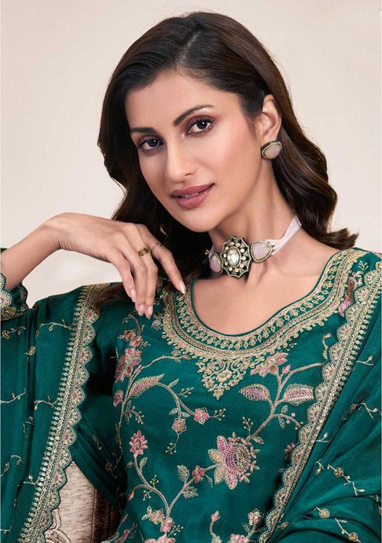 Green Embroidered Chiffon Salwar Suit - Indya