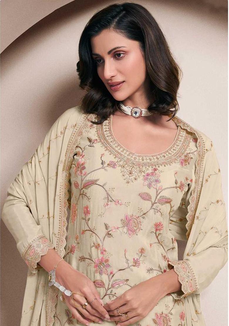 Wine Embroidered Chiffon Salwar Suit - Indya