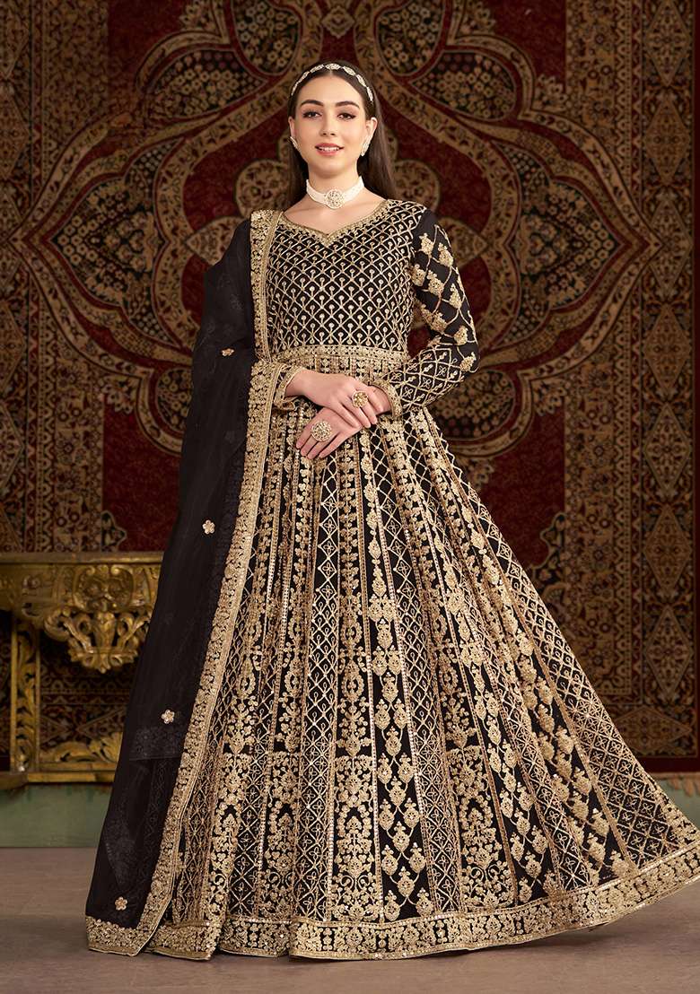 Black Embroidered Net Anarkali Set - Indya