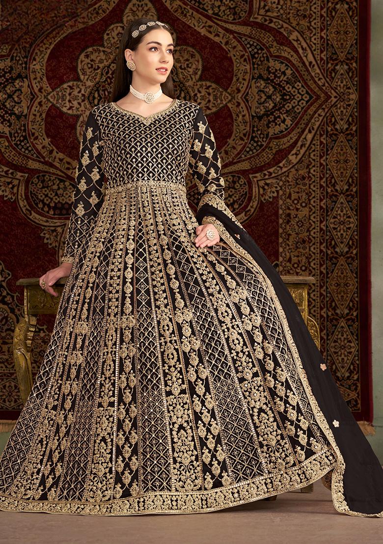 Black Embroidered Net Salwar Suit - Indya