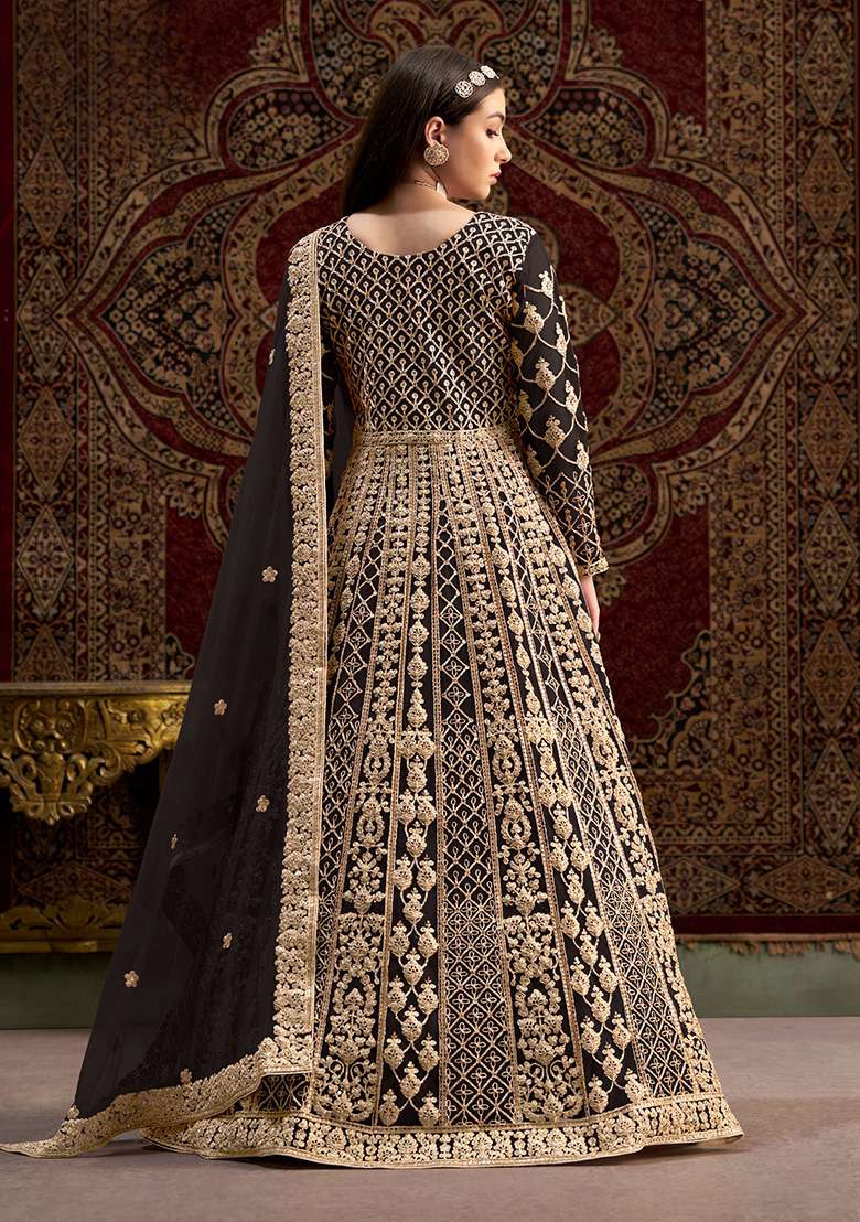 Black Embroidered Net Anarkali Set - Indya