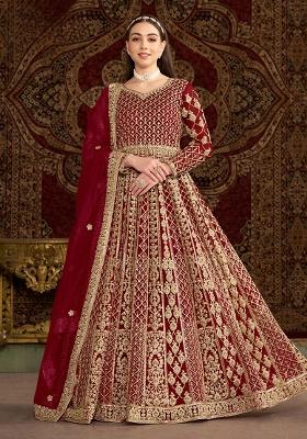 Maroon Embroidered Net Salwar Suit