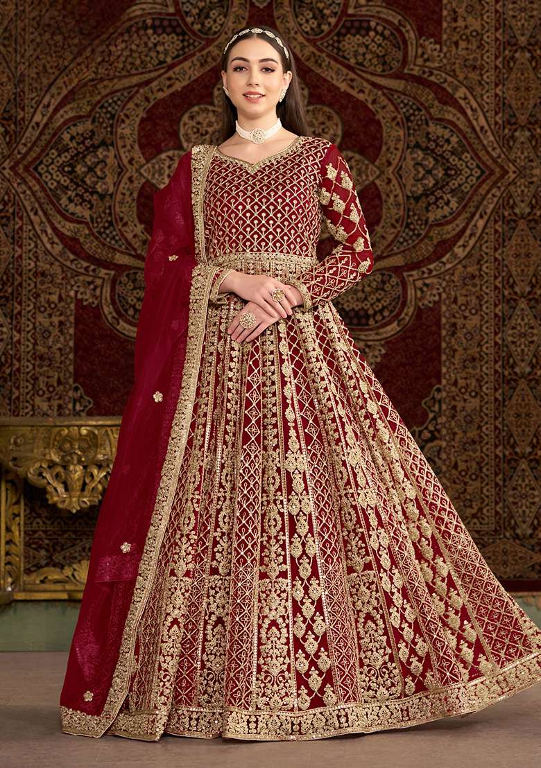 Maroon Embroidered Net Anarkali Set - Indya