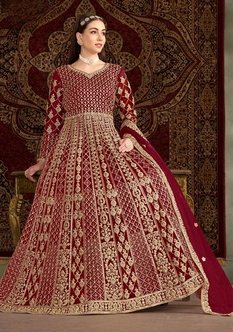 Maroon Embroidered Net Salwar Suit - Indya