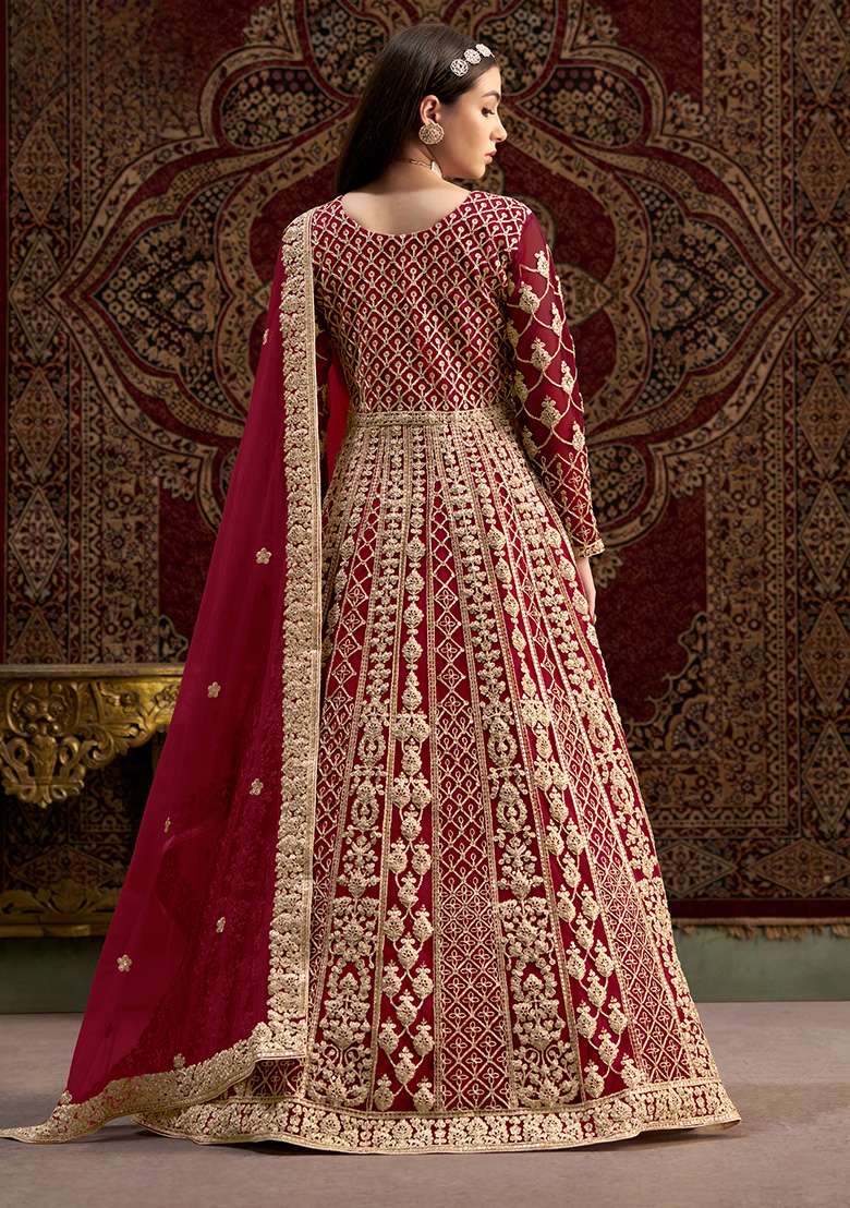 Maroon Embroidered Net Anarkali Set - Indya
