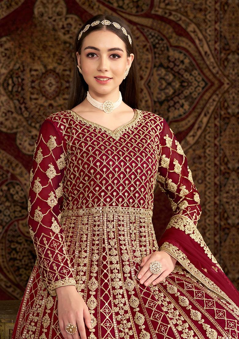 Maroon Embroidered Net Salwar Suit - Indya