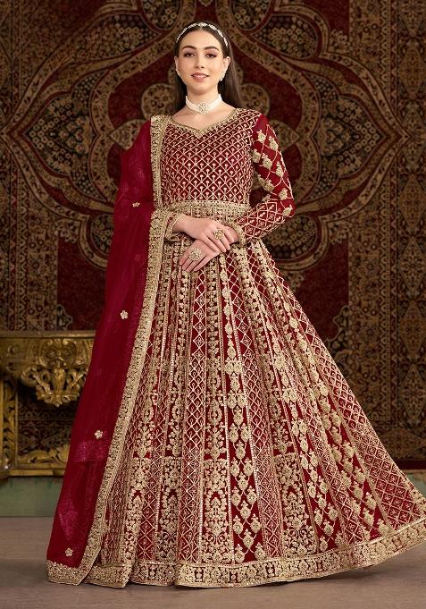 Maroon Embroidered Net Salwar Suit