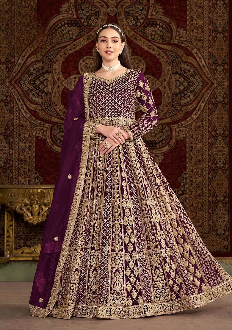 Purple Embroidered Net Anarkali Set - Indya